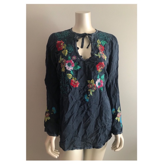 Johnny Was Tops - Johnny Was Blue Floral Embroidered Blouse